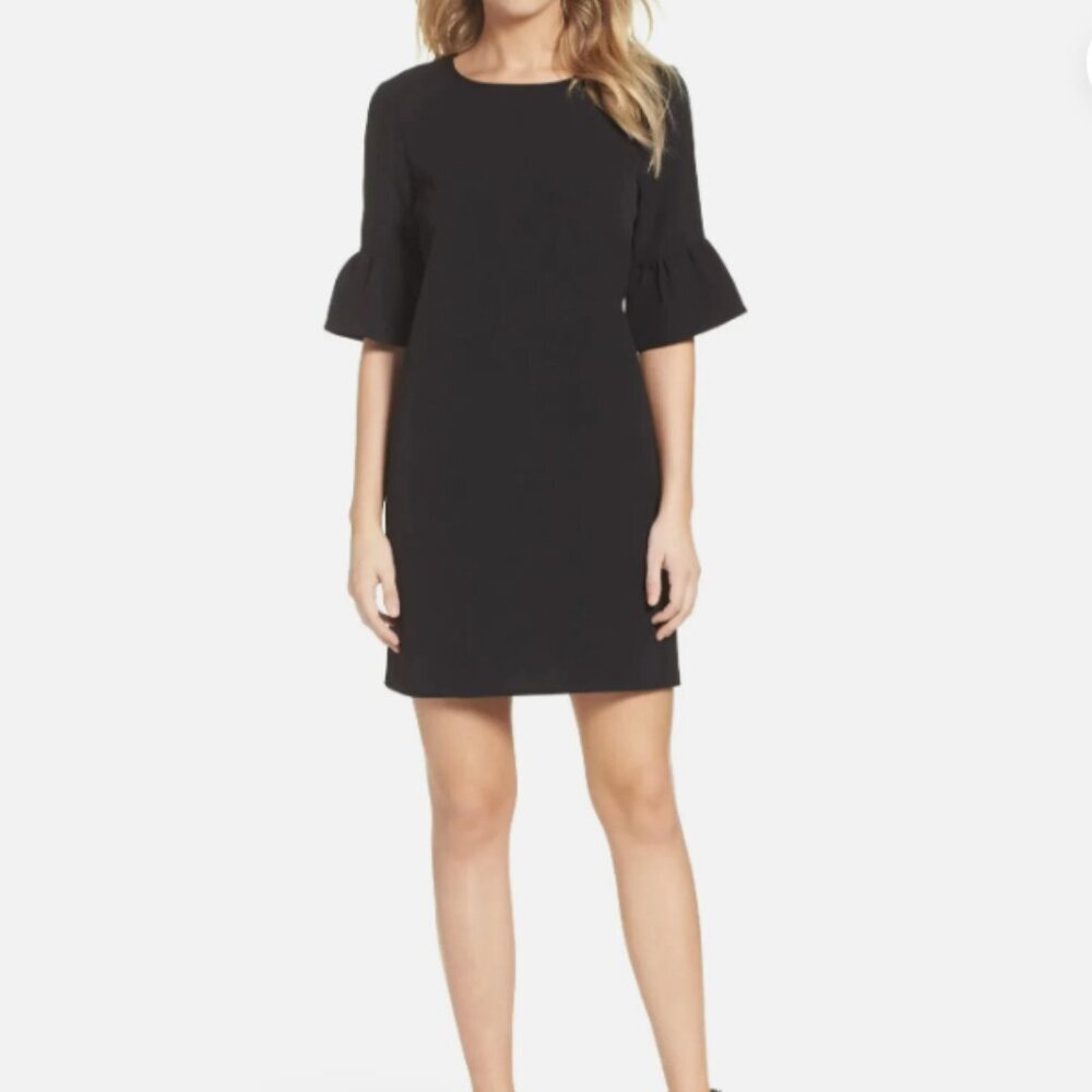 *Theory Black Mini Dress Ruffle Sleeve Cotton Blend Minimal Chic Dress Size 0